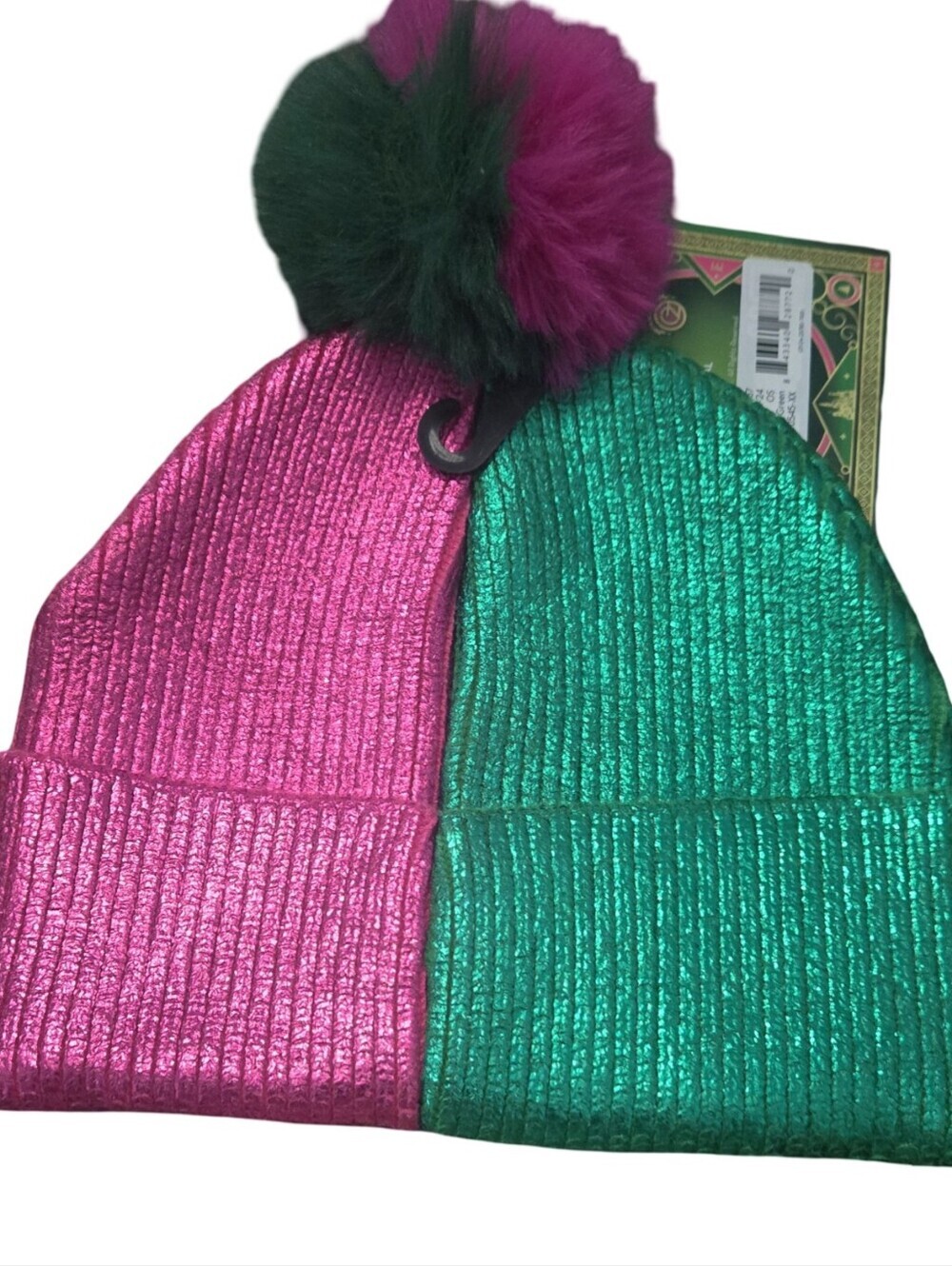 Wicked Metallic Pink & Green Two-Tone Pom Beanie Hat - Picture 2 of 4